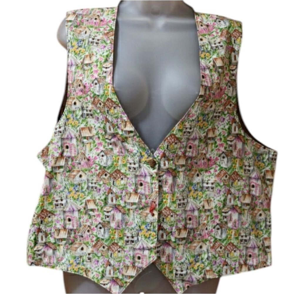 Handmade Vintage Birdhouse Print Vest XL